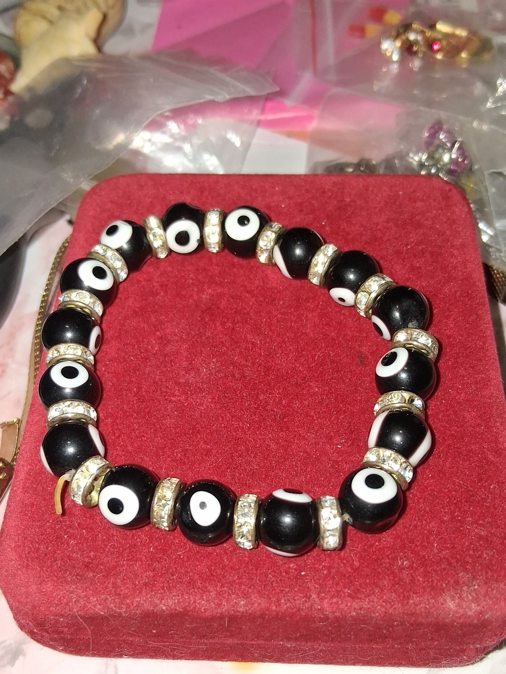 Source Unknown Black and White Evil Eye Bead Bracelet with Gold Accents